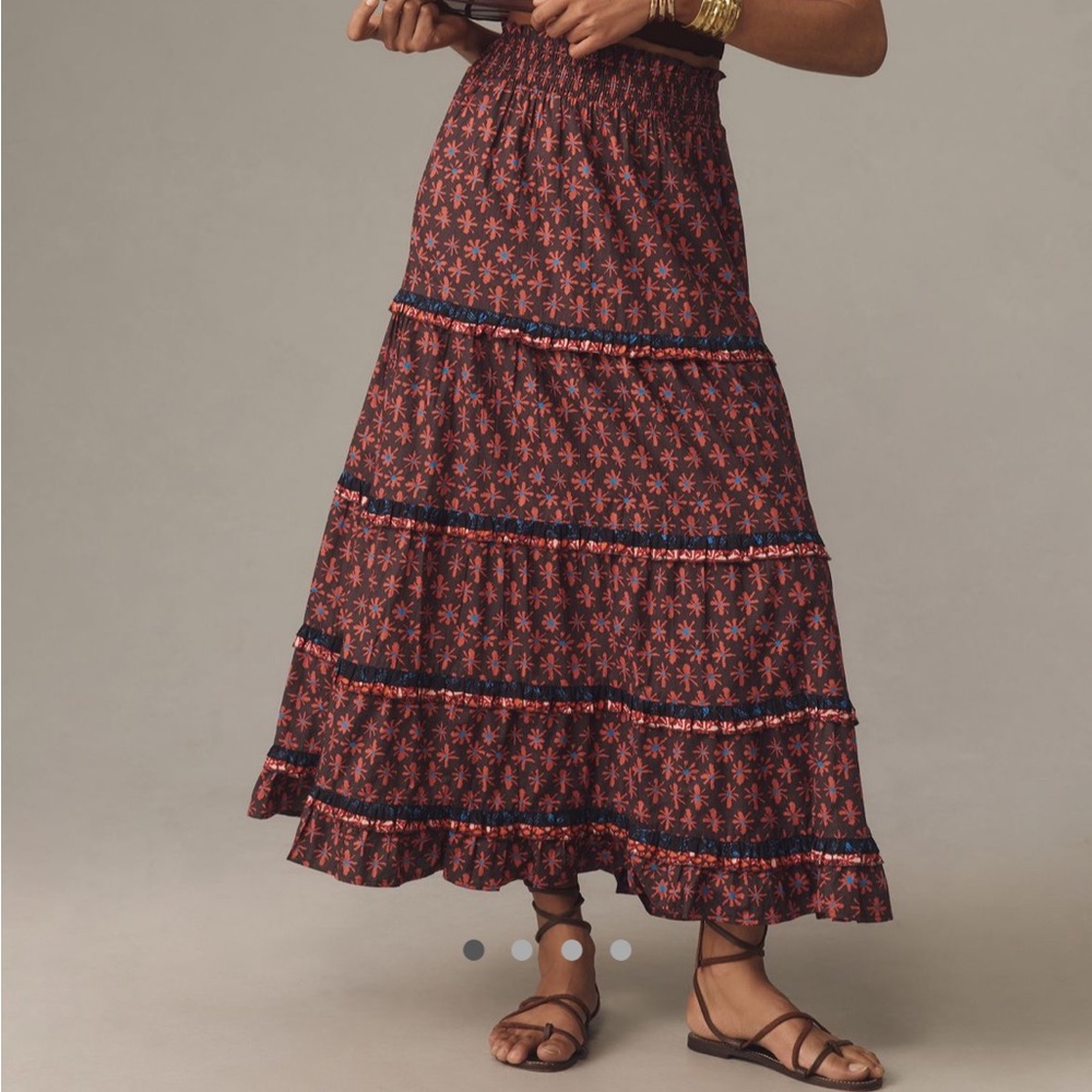 Anthropologie Red and Navy Printed Tiered Maxi Skirt, Large
